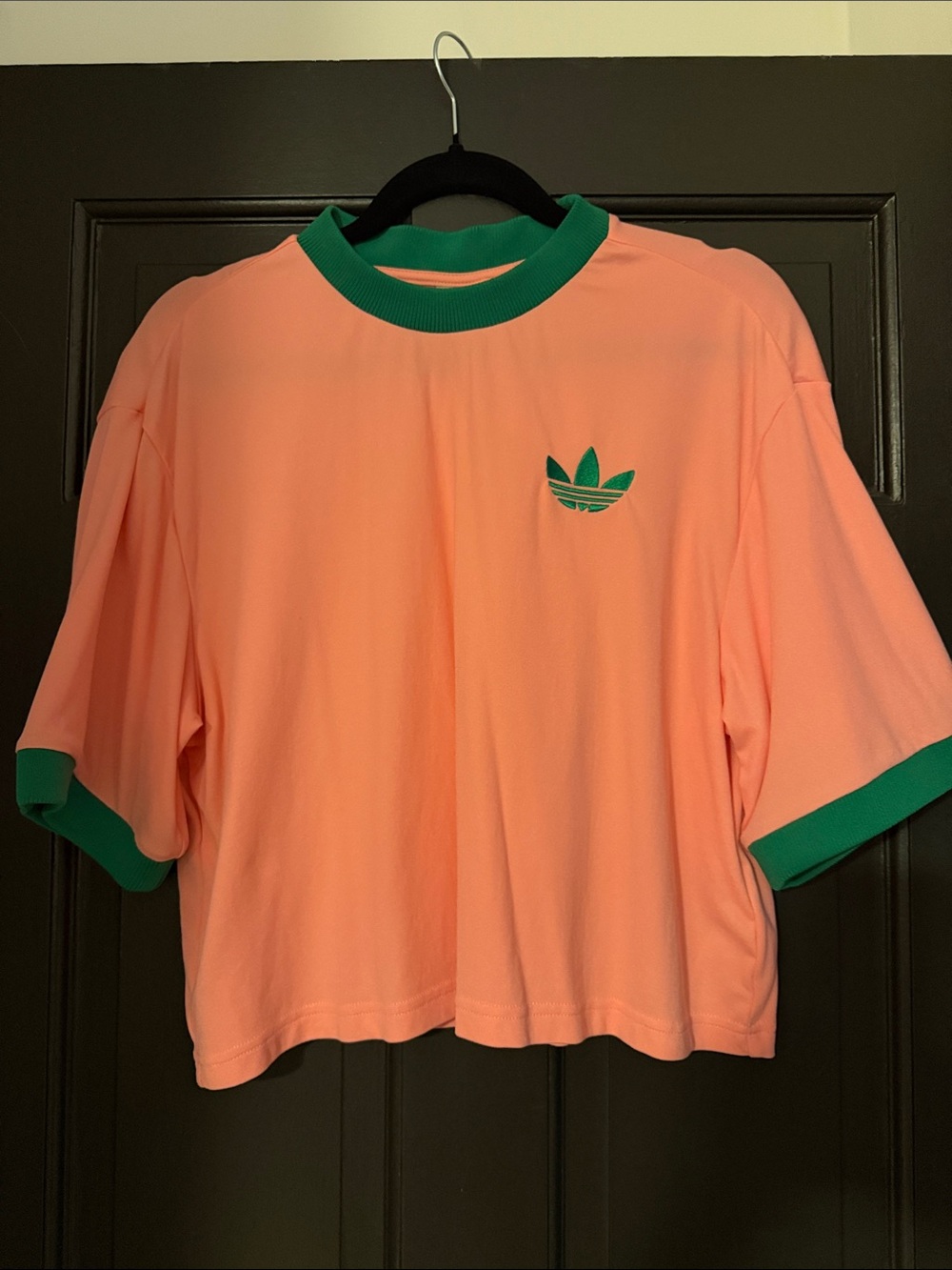 adidas Originals Pink & Green Trefoil Boxy Cropped Tee size Small
